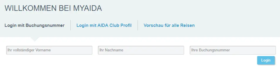 MyAIDA Login mit Namen und Buchungsnummer