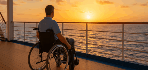 Ein Mann im Rollstuhl blickt vom Sonnendeck eines Kreuzfahrtschiffes auf das offene Meer – Symbol für barrierefreies Reisen und Inklusion auf See.