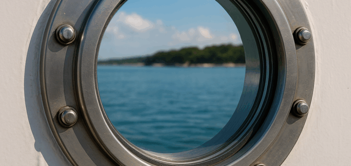 Nahaufnahme eines runden Bullauges mit Edelstahlrahmen an einem Schiff, durch das man auf ruhiges Meer und bewaldete Küste blickt.