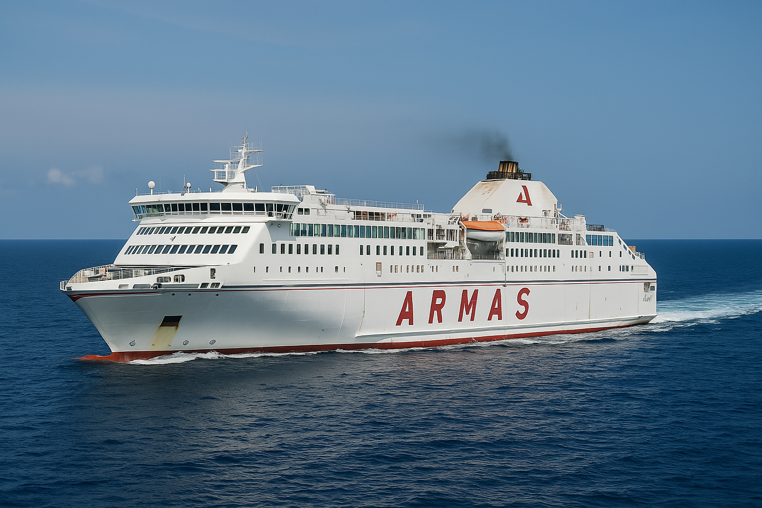 Große Naviera Armas Fähre auf dem offenen Atlantik zwischen Cádiz und Arrecife bei klarem Himmel und ruhiger See