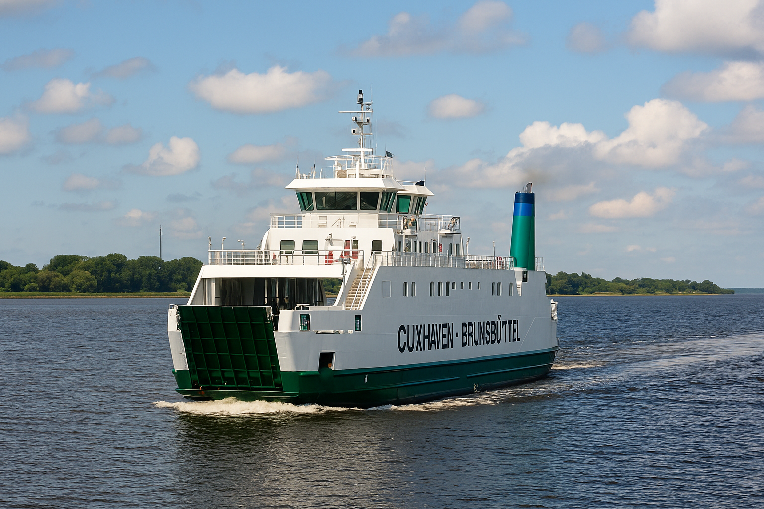 Autofähre auf der Elbe zwischen Cuxhaven und Brunsbüttel bei ruhigem Wasser und blauem Himmel