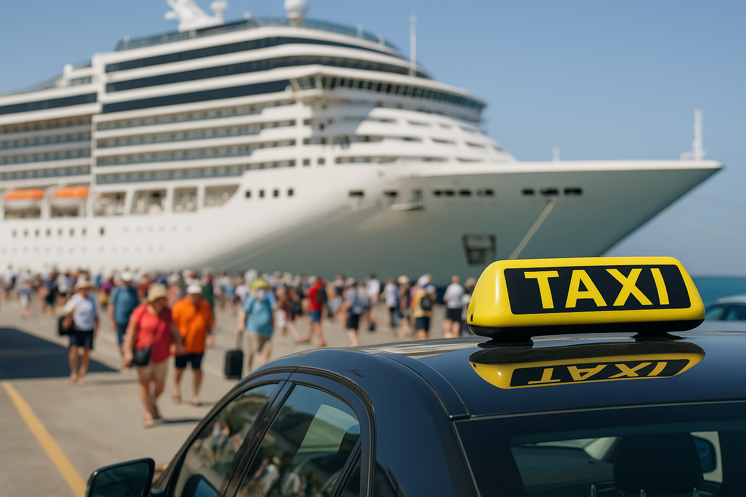 Kreuzfahrtpassagiere verlassen ein großes Kreuzfahrtschiff im Hafen, während ein Taxi mit leuchtendem Schild im Vordergrund wartet.