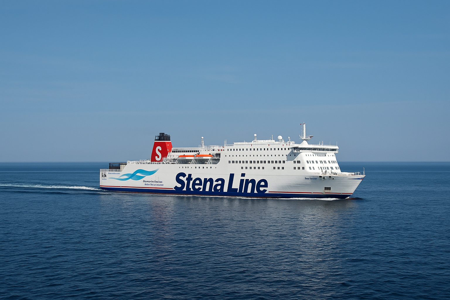 Ehemalige Stena Line Fähre auf der Route Grenaa–Varberg bei Überfahrt über das Kattegat, mit ruhiger See und klarer Sicht.