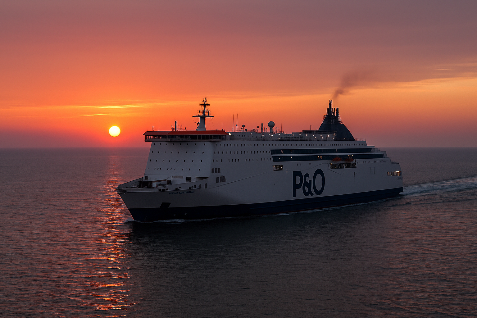 Große Nachtfähre der P&O Ferries bei der Überfahrt von Rotterdam nach Hull über die Nordsee mit ruhiger See und Sonnenuntergang.