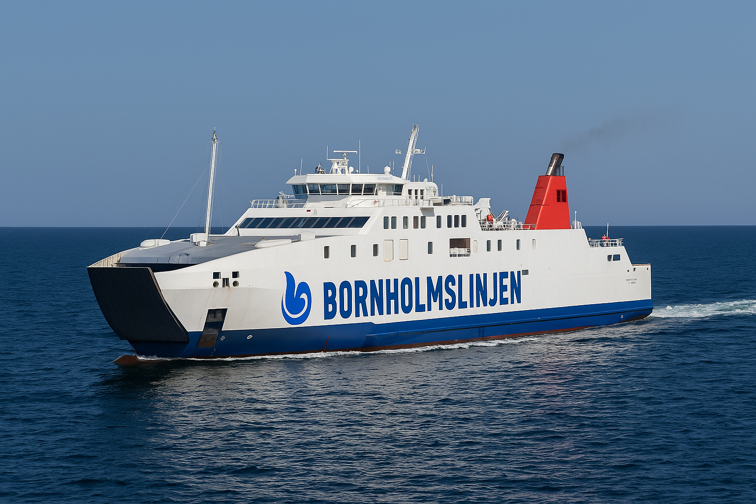 Bornholmslinjen Fähre auf dem Weg von Sassnitz nach Rønne über die Ostsee bei klarem Himmel