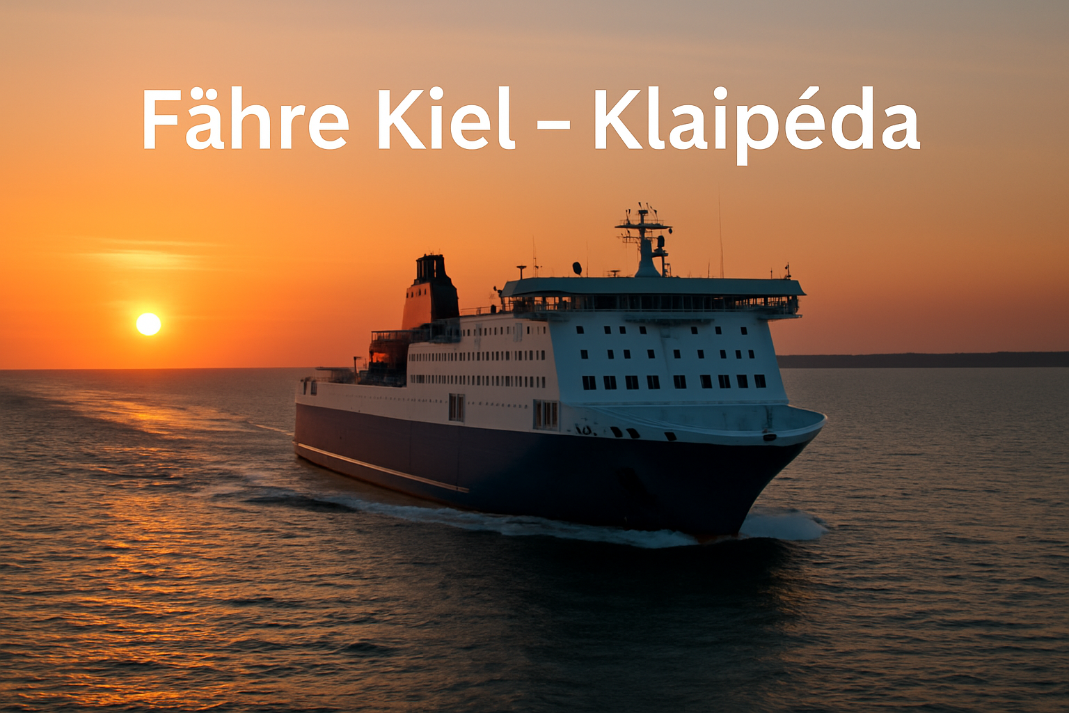 Große DFDS Fähre verlässt bei Sonnenuntergang den Hafen von Kiel in Richtung Klaipėda