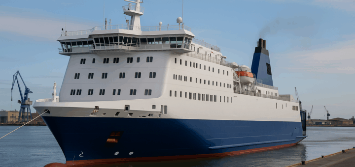 Moderne RoPax-Fähre von Stena Line im Hafen, mehrstöckiger Schiffstyp für Passagiere und Fahrzeuge, angedockt bei ruhigem Wetter.