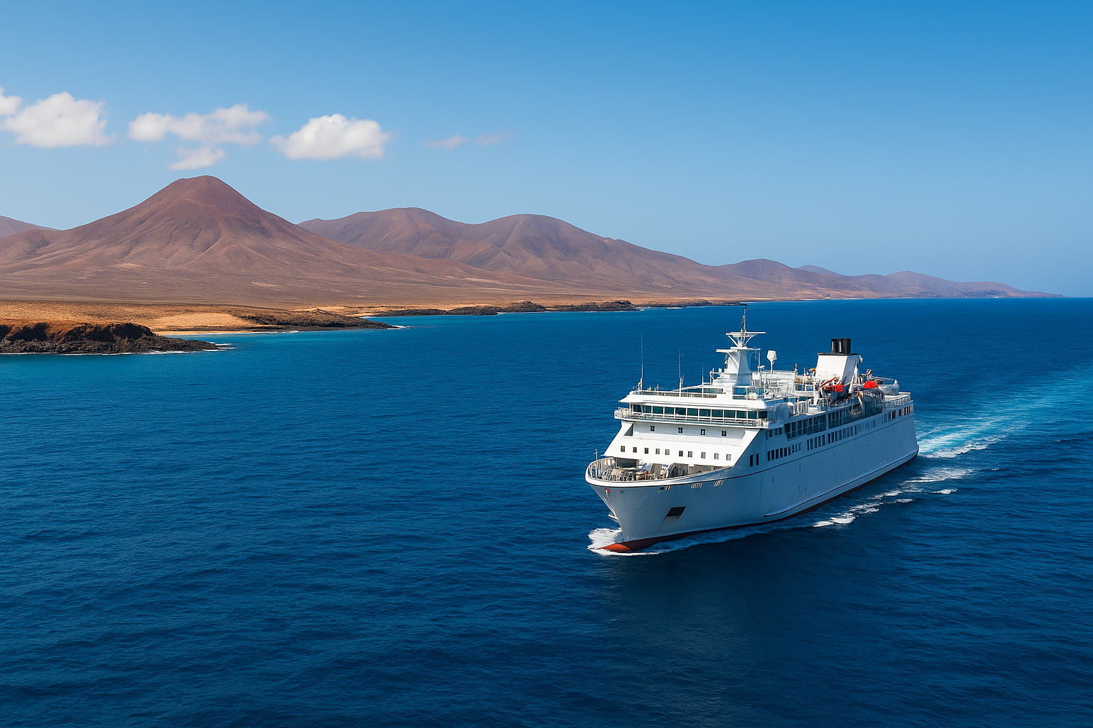 Weiße Fähre fährt auf dem Atlantik entlang der trockenen Küste von Fuerteventura mit Bergen im Hintergrund