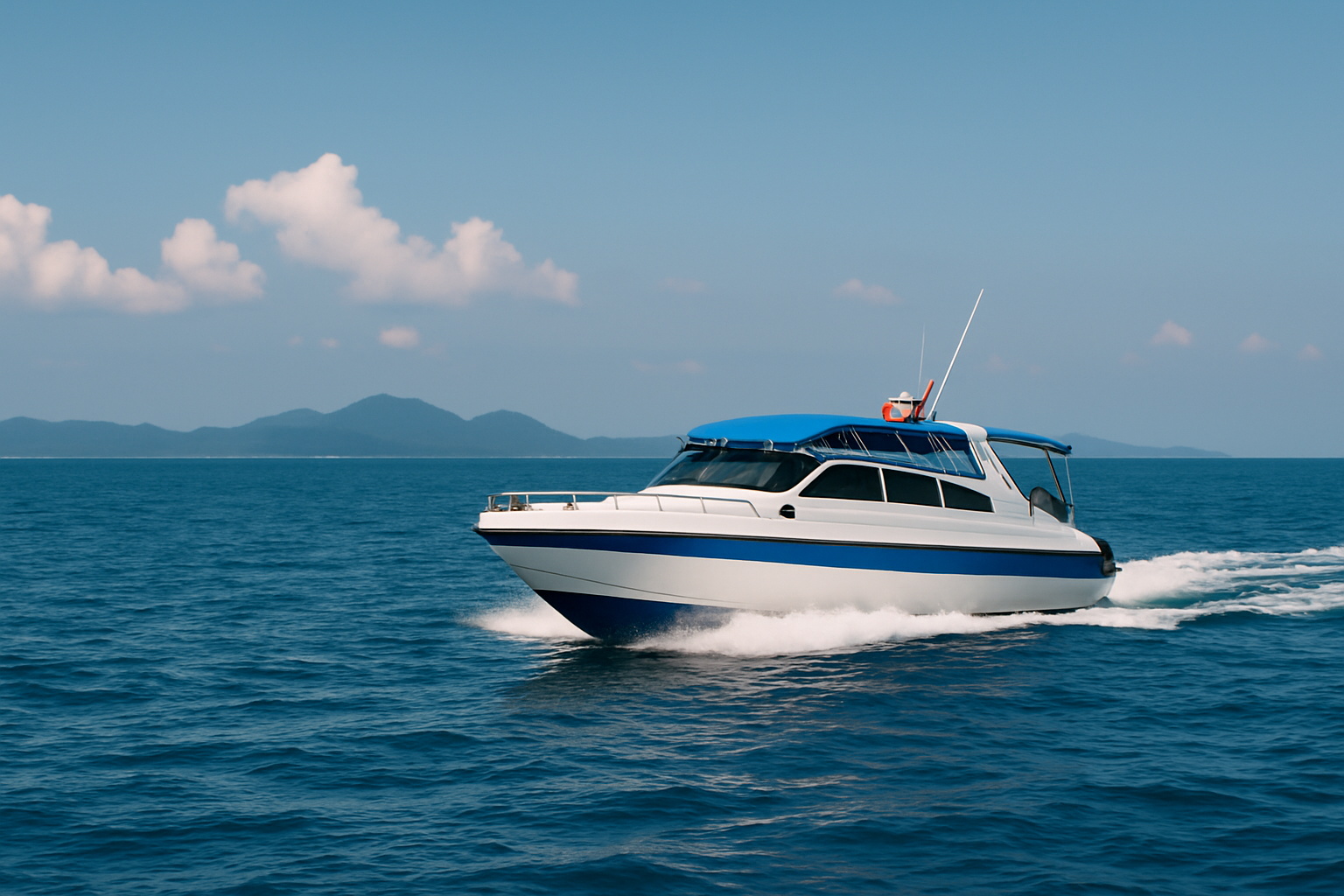 speedboot auf weiter see zwischen koh kradan und koh lipe bei sonnigem himmel
