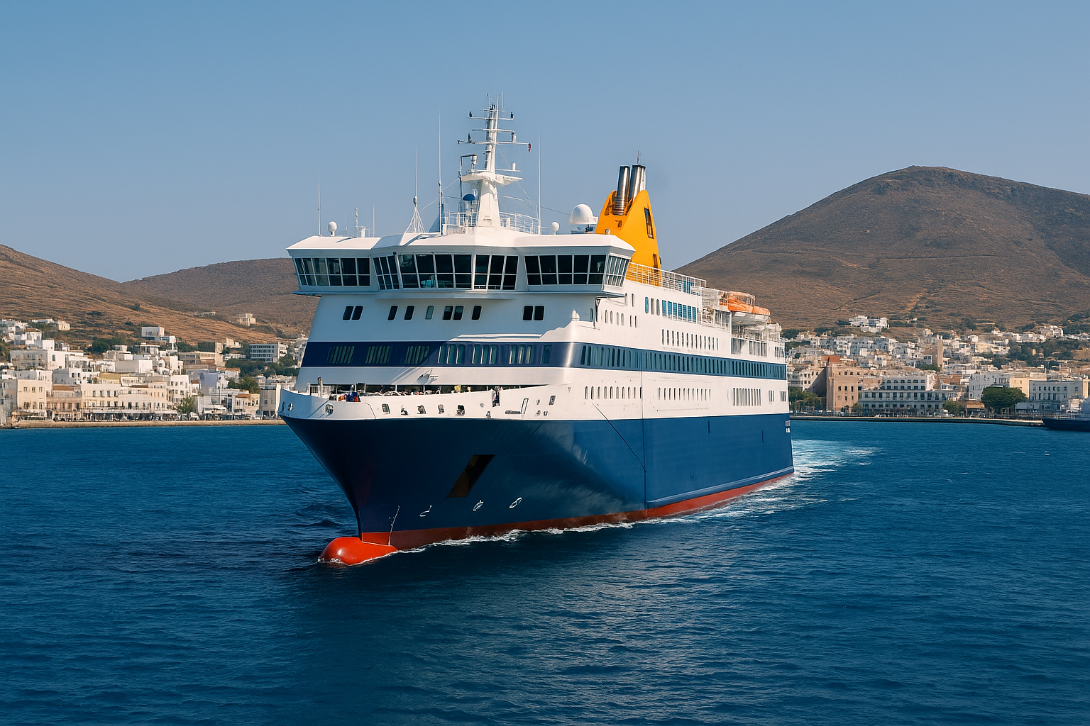 autofähre von naxos nach syros unterwegs bei tageslicht mit blick auf inselhafen und ruhige see