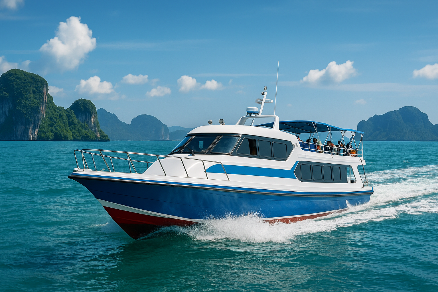 speedboot auf dem meer zwischen koh lanta und koh lipe bei sonnenschein