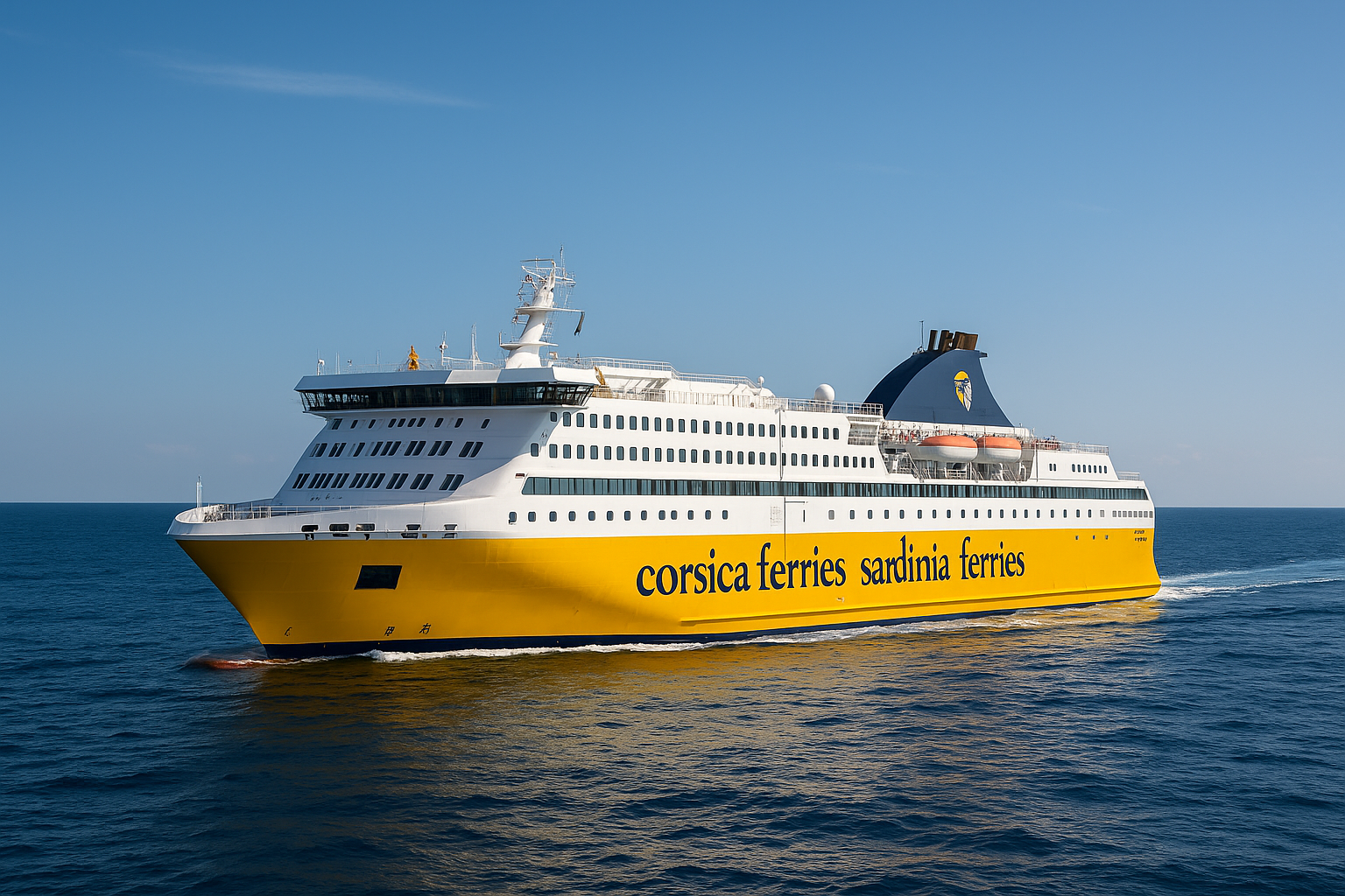 Corsica Ferries Fähre auf dem Mittelmeer bei sonnigem Wetter, Schiff mit markanter gelber und weißer Lackierung