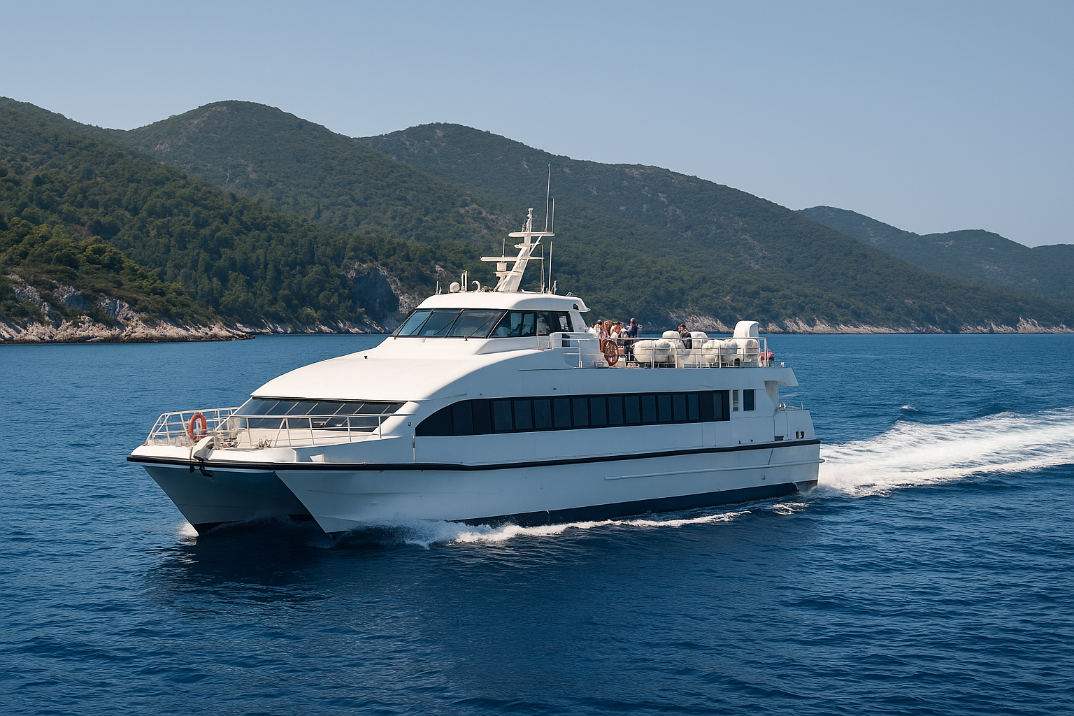 katamaran-fähre zwischen dubrovnik und mljet bei sonnenschein auf der adria