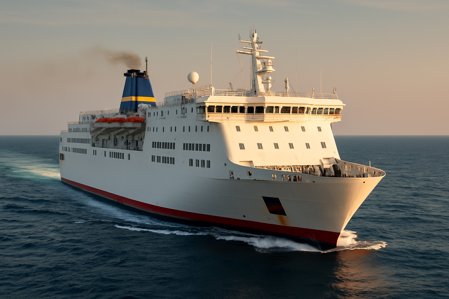 große fähre auf offener see zwischen tunis und genua bei sonnenuntergang